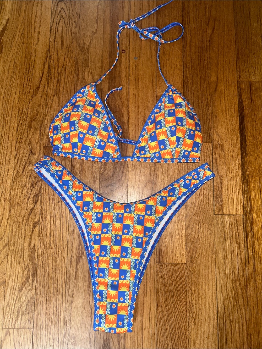 Vibrant Blue & Orange Checkerboard Triangle Bikini Large NEW